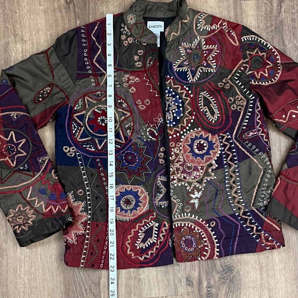 Chico's Jewel-Tone Silk Blend Patchwork Embroidered Jacket Sz XS - Picture 9 of 13